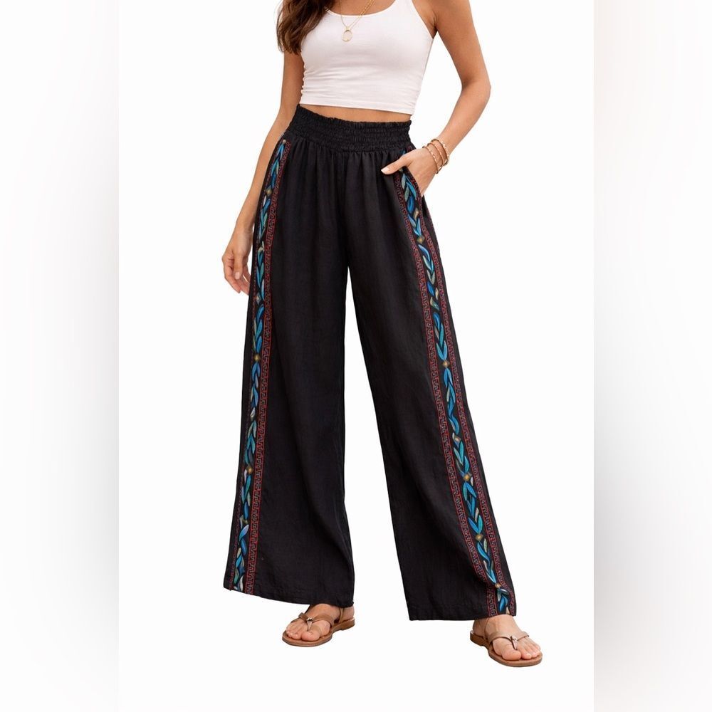 Johnny Was Embroidered Linen Pants with Vibrant Blue Accents